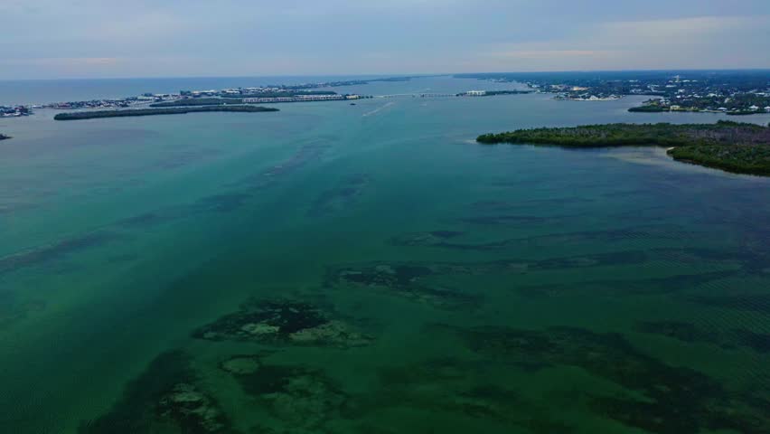 Shallow seagrass flats and shifting green tones stretch across Lemon Bay as the coastline of Manasota Key and nearby islands frame the distant horizon along Florida’s Gulf Coast.