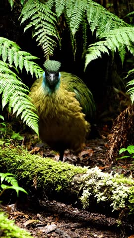A rare kākāpō (Strigops habroptilus) foraging on the forest floor, displaying its distinctive green and olive plumage in a lush, natural habitat. The subtle movement and soft forest lighting highlight
