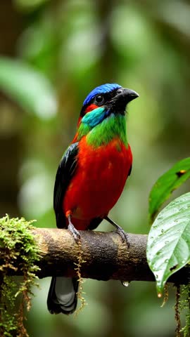 A vibrant red-and-green broadbill perched on a mossy branch inside a tropical rainforest. Its striking red body, emerald green feathers, and vivid blue head stand out beautifully against the soft, blu