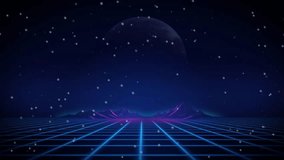 Retro futuristic landscape features a neon grid, moon, and stars creating a vintage science fiction aesthetic. - Powered by Shutterstock - Get 15% off with code: PIKWIZARD15