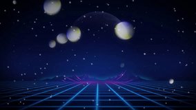 Retro futuristic landscape features a neon grid, planet, and glowing orbs creating a captivating and otherworldly atmosphere. - Powered by Shutterstock - Get 15% off with code: PIKWIZARD15
