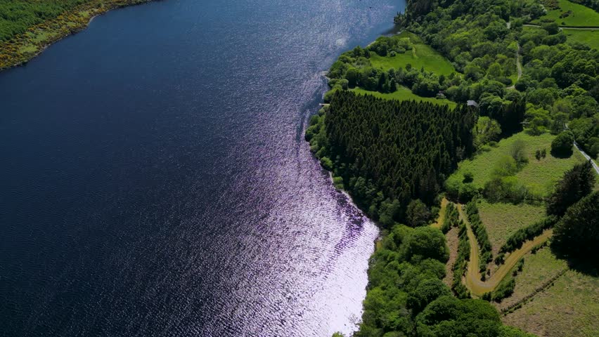 Aerial shot descending toward Lough Dan in Wicklow, Ireland, revealing deep blue water, dense forest and bright summer landscapes in this scenic cinematic view of the Irish countryside