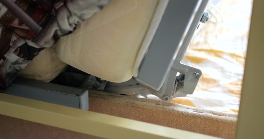 Sliding Sofa Bed Mechanism CloseUp Shows Folding And Unfolding With Spring Tension And Clicks, Furniture Engineering, Home Comfort Optimization, Mechanical Testing, Real Sound