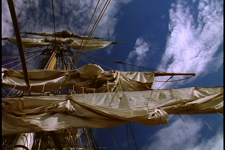 Historical reenactment of HMS Bounty ship on Rhode Island. Low angle of ship