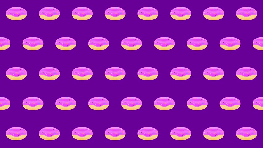 Seamless animation shows donuts rotating on a purple background. Animated donuts have pink icing and rainbow sprinkles. Great for food themed content and animations.
