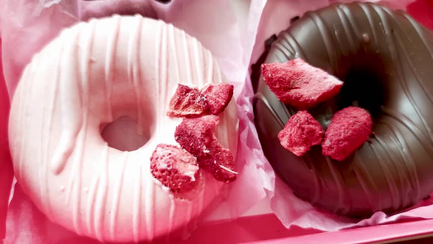 Close-up view of two donuts. One is pink and one is chocolate. Both are decorated with freeze-dried Strawberry pieces, nestled in boxes with pink tissue paper.