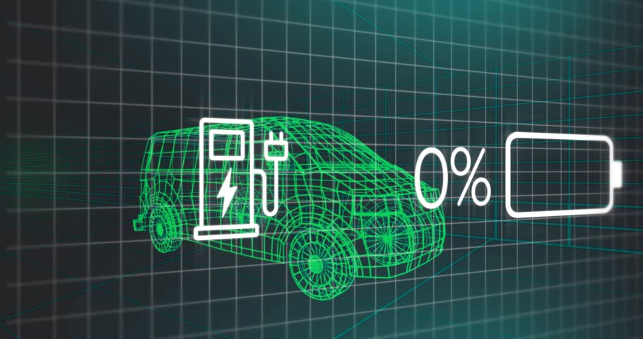 Plug connecting to car, HUD showing battery% rising to 100% then dropping for monitoring. Wireframe, electric, charging, vehicle, gauge, hud, grid