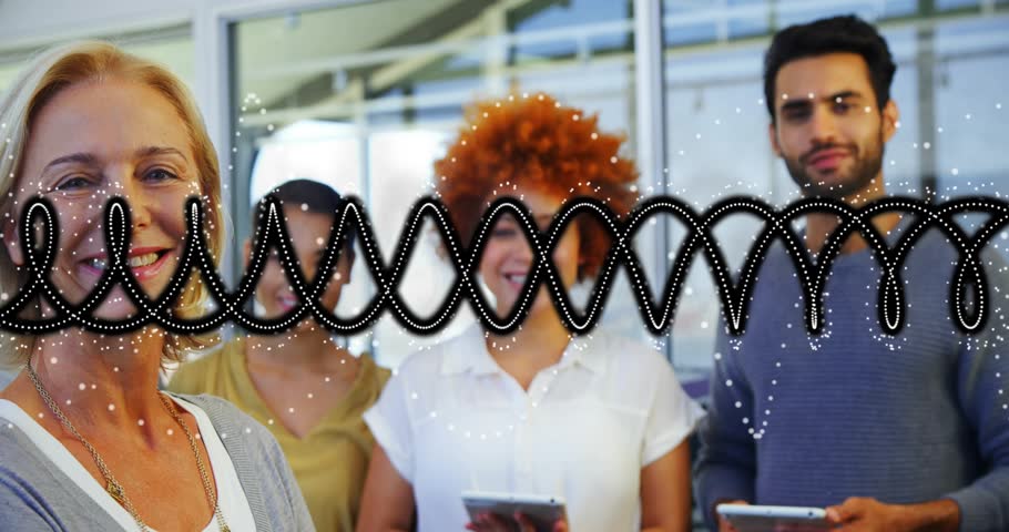 Tech lead smiling turning while cam zooming and looping wave overlay highlighting tablets for promo. Teamwork, office, glass, modern, devices, collaboration, leadership