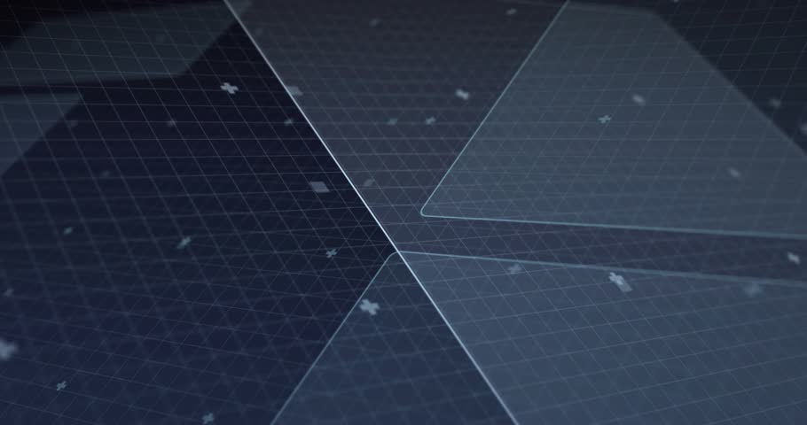 Tilted HUD panels sliding, rotating hexagon clockwise, centering target revealing grid map beneath. Holographic, display, interface, futuristic, translucent, concentric, parallax