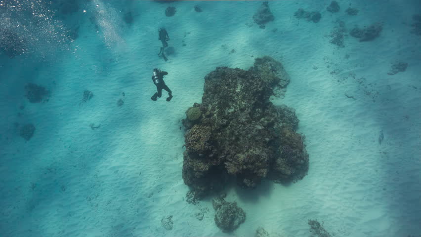 Underwater high angle shot looking down on two SCUBA Divers swimming over a sandy tropical seabed with corals