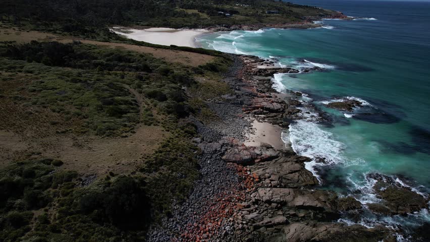 Rocky Shore And Bay - Little Beach Cove In Tasmania, Australia - Drone Shot