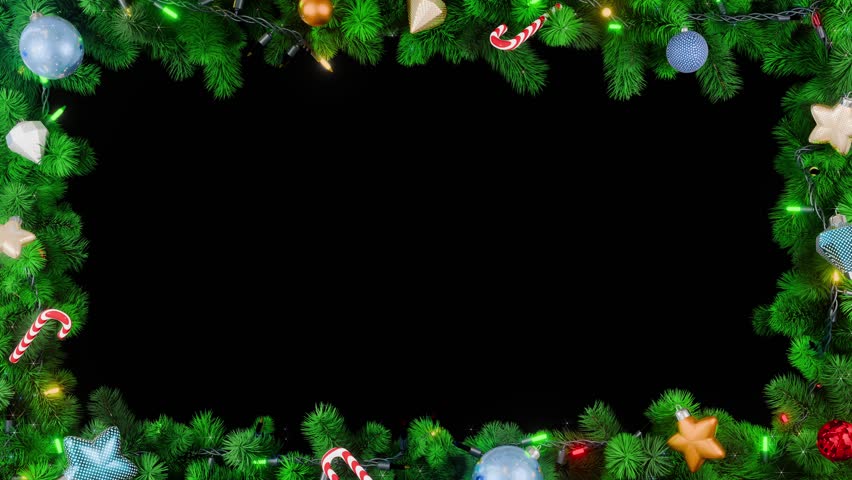 Christmas frame or new year frame with green fir or pine leaves, christmas balls, stars and light bulbs blinking with alpha map for compositing. 4K loop animation.