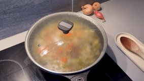 A warm, savory vegetable stew with carrots and leeks is bubbling in a black cooking pot on an induction kitchen hob. - Powered by Shutterstock - Get 15% off with code: PIKWIZARD15