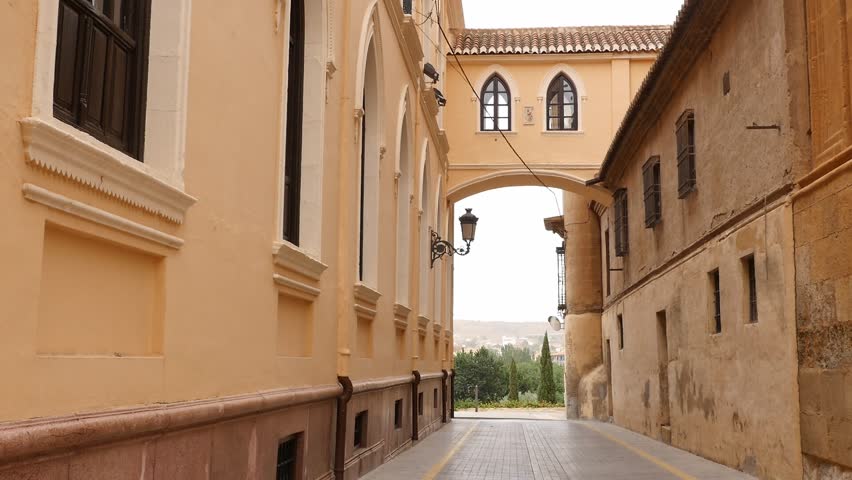 Emblematic Palace Arch connecting the Episcopal Palace and the Cathedral in the historic heart of Guadix, Granada,