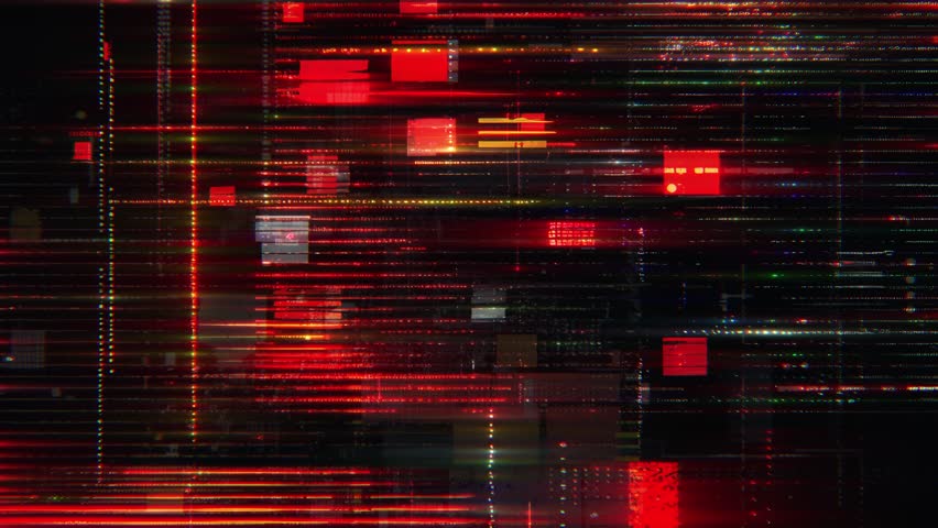 Glitch cyberpunk industrial grunge animated texture overlay background with sharp red matrix lines, flickering multicolor code bars, granular interface clusters and vibrant scan stroke motion