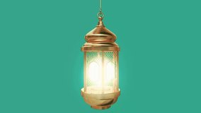 A beautiful 3D rendered golden Arabic lantern, intricately designed with glowing light inside, suspended against a solid teal background for festive use. - Powered by Shutterstock - Get 15% off with code: PIKWIZARD15
