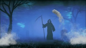 Mysterious grim reaper figure in a black hooded cloak holding a large scythe, standing in a foggy, dark blue graveyard scene with lightning strikes. - Powered by Shutterstock - Get 15% off with code: PIKWIZARD15