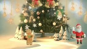 Festive 3D illustration featuring a decorated Christmas tree, snow-covered ground, a waving Santa Claus, and a happy gingerbread man character. - Powered by Shutterstock - Get 15% off with code: PIKWIZARD15