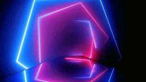 Abstract background featuring glowing neon geometric shapes in vibrant blue and magenta, creating a futuristic tunnel or corridor effect with deep shadows and high contrast. - Powered by Shutterstock - Get 15% off with code: PIKWIZARD15