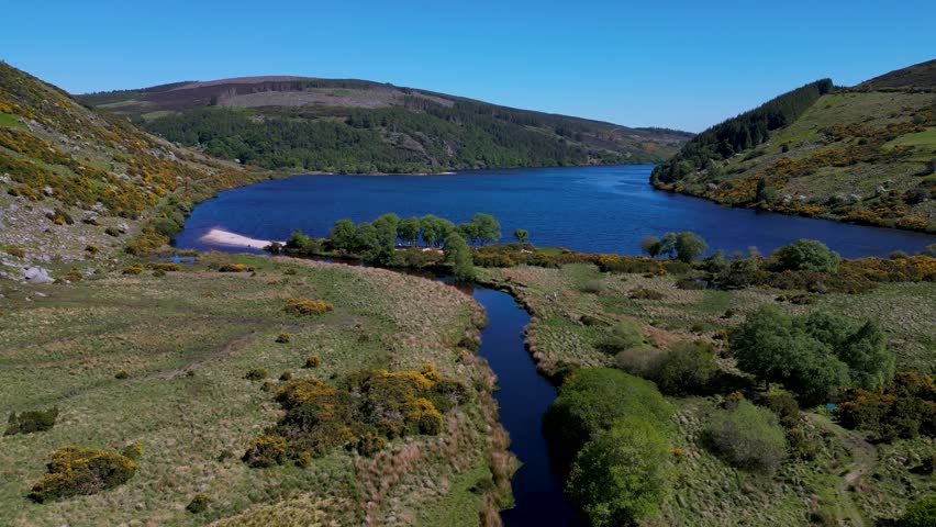 Picturesque Ireland Landscapes, Green Valleys, Blue Lakes, Aerial View - Lough Dan Lake, Wicklow