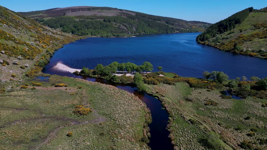dolly aerial of Lough Dan Lake in Wicklow - Picturesque Countryside Landscapes, Green Valleys, Blue Lakes