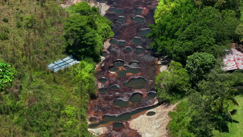 Overhead drone shot of the unique natural swimming pools of Las Gachas River in Colombia