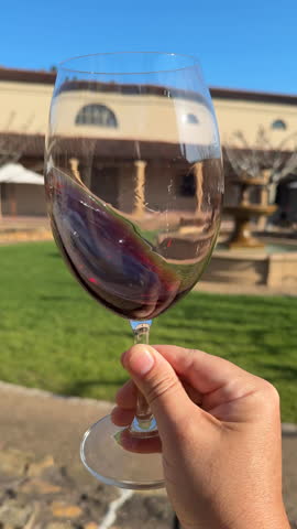 Slow motion closeup shot of a hand swirling a glass of red wine at a wine tasting in Stellenbosch, South Africa.
