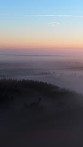 Vertical drone shot overlooking foggy fields covering gloomy forest, sunrise