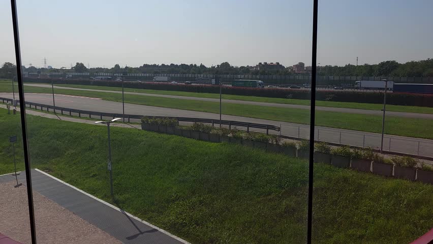 Dolly View on Racetrack at Museum of Alfa Romeo in Italy. One of Greatest Attractions Near Milano about Automobile Industry