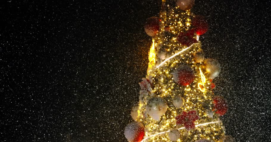 Christmas tree decorated with glowing musical notes and golden baubles under falling snow. Festive night illumination with neon music signs and ornaments.