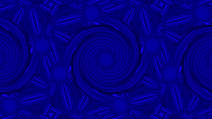 Deep blue kaleidoscope design with glowing angular shapes arranged in perfect symmetry.