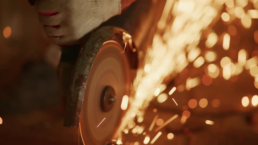 artisan deburring metal with angle grinder, close perspective of disc shaving burrs, shower of golden sparks and warm ambient light, gloved hand guiding tool for clean finish - Powered by Shutterstock - Get 15% off with code: PIKWIZARD15