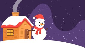 A cheerful snowman wearing a Santa hat stands beside a warm wooden cabin under falling snow on a peaceful Christmas night. Perfect for holiday, winter, seasonal, and festive themed video projects - Powered by Shutterstock - Get 15% off with code: PIKWIZARD15