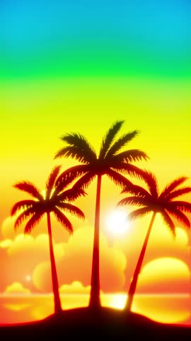 Vibrant 2D cartoon background loop. Three palm trees on a tropical island silhouette against a bright orange and yellow sunset. Ideal for travel, vacation, holiday, kids, and fun video projects.