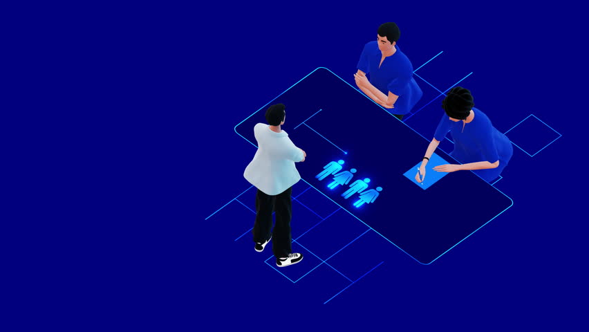 Animated 3D scene of managers assigning employees on a digital interface, selecting team members and organizing workforce roles on a glowing table in a modern HR workflow. - Powered by Shutterstock - Get 15% off with code: PIKWIZARD15