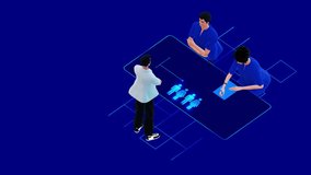 Animated 3D scene of managers assigning employees on a digital interface, selecting team members and organizing workforce roles on a glowing table in a modern HR workflow. - Powered by Shutterstock - Get 15% off with code: PIKWIZARD15