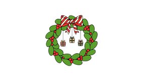 Christmas wreath animation featuring lush green leaves, red berries, and striped ribbon with hanging gifts for festive holiday decoration themes - Powered by Shutterstock - Get 15% off with code: PIKWIZARD15