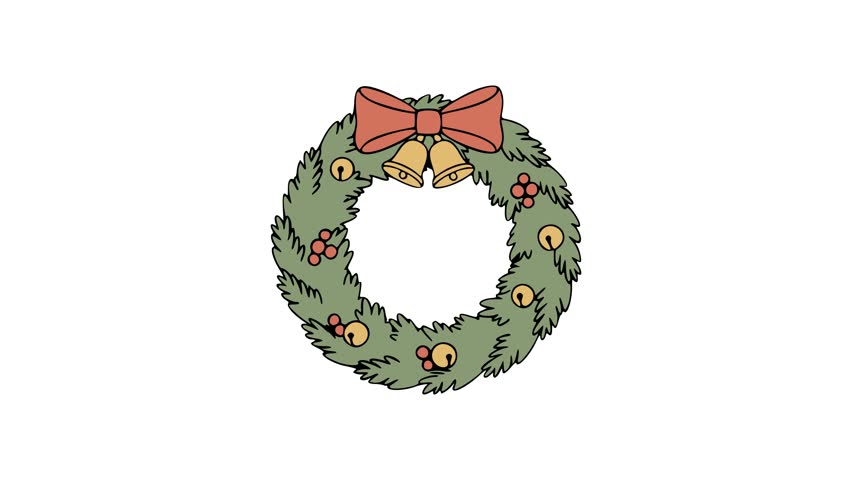 Traditional Christmas wreath animation decorated with pine foliage, golden bells, and red berries topped with a festive ribbon in flat style