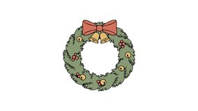 Traditional Christmas wreath animation decorated with pine foliage, golden bells, and red berries topped with a festive ribbon in flat style - Powered by Shutterstock - Get 15% off with code: PIKWIZARD15