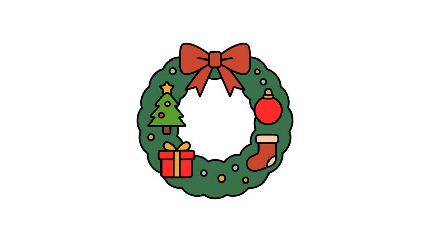 Festive Christmas wreath animation decorated with tree, gift box, ornament, stocking, and big bow in cheerful modern holiday style