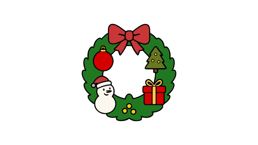 Festive Christmas wreath animation featuring cheerful snowman gift box ornament and tree decorations in bright holiday style