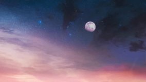 A beautiful and serene celestial landscape featuring a pink moon and twinkling stars against a gradient sky of blue, purple, and pink hues, evoking a sense of wonder and tranquility. - Powered by Shutterstock - Get 15% off with code: PIKWIZARD15