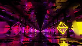 An AI-generated illustration of glowing neon shapes floating through a long reflective futuristic corridor - Powered by Shutterstock - Get 15% off with code: PIKWIZARD15