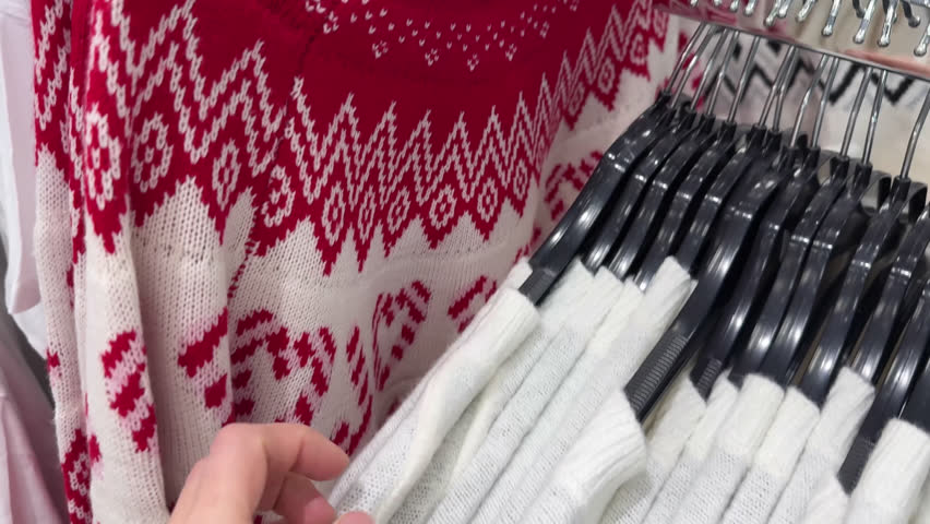 Close-up of a hand holding a red and white knitted Christmas sweater with Nordic pattern in a clothing store during holiday shopping season