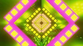 An AI-generated abstract illustration of a glowing neon tunnel made of pink and yellow geometric squares, creating a vivid digital motion design - Powered by Shutterstock - Get 15% off with code: PIKWIZARD15