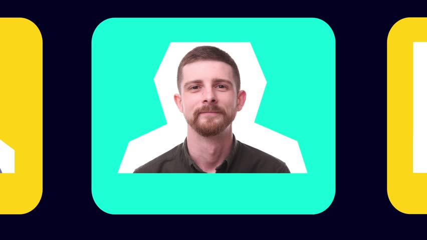 Loop animation. People presented in clean portrait shots inside bold geometric frames. Concept of HR introductions, employee profile videos, onboarding sequences, modern team-presentation materials.