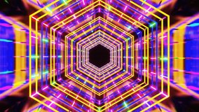 An AI-generated abstract illustration featuring a bright multicolor neon hexagonal tunnel with glowing geometric lines and motion depth - Powered by Shutterstock - Get 15% off with code: PIKWIZARD15