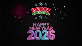 3D glossy Happy New Year 2026 and Merry Christmas text with pink fireworks and snowflakes on a black textured background. Festive neon holiday motion graphics for celebrations. - Powered by Shutterstock - Get 15% off with code: PIKWIZARD15