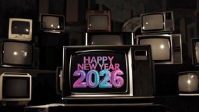 Vintage CRT television stack displaying a neon 3D Happy New Year 2026 greeting on the center screen. Retro broadcast technology background with glossy pink and blue holiday text. - Powered by Shutterstock - Get 15% off with code: PIKWIZARD15
