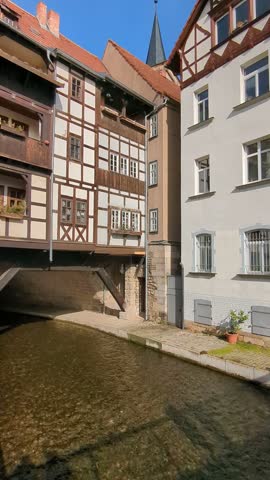 Facades of old historic half-timbered houses located near the Gera River in the Thuringian capital Erfurt. Old Town. Germany.